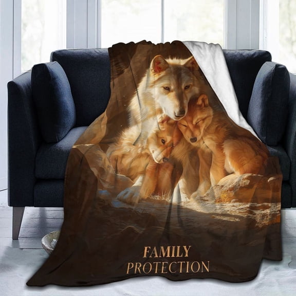 Wolf Pack Family Throw Blanket, Mother & Pups Art Soft Flannel Fleece, Heartwarming Home Decor Gift for Couch Bed Sofa 50x40