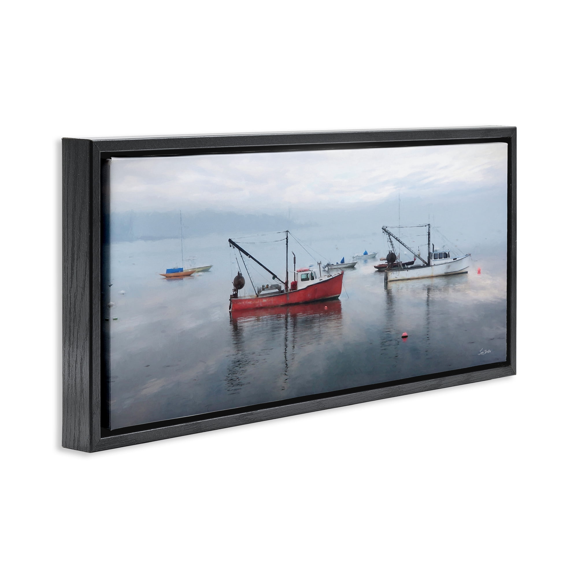 Stupell Industries Boat Harbor Seascape Nautical & Beach Photography Black Floater Framed Canvas Art Print Wall Art, 31 x 14