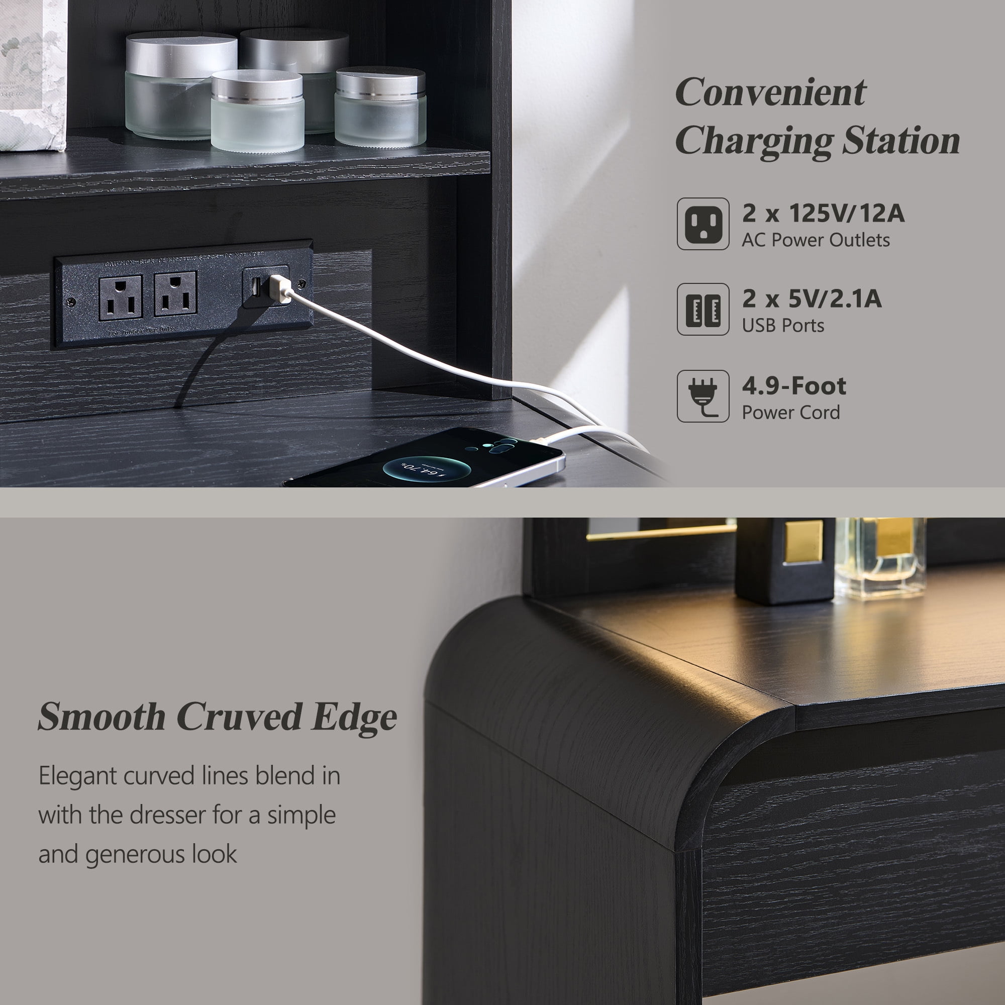 wow97e Modern Vanity Desk with Touch Screen LED Mirror, 55" Big Make Up Table with 5 Drawers , Wood Dressing Tablew/3 Color Available, Charging Station