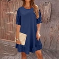 thumbnail image 2 of EHQJNJ Velvet Long Sleeve Dress for Women Fashion Solid Retro Cotton and Linen Mid Sleeve Round Neck Loose Wide Hem Dress Cotton Linen Dresses for Women 2024 Spring Summer, 2 of 5