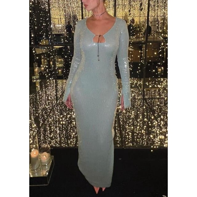 MesaSe Robe à Paillettes pour Femmes Découpes Col en V Robe de Bal Manches Longues Robe Scintillante Robe Midi de Soirée à Paillettes avec Fente
