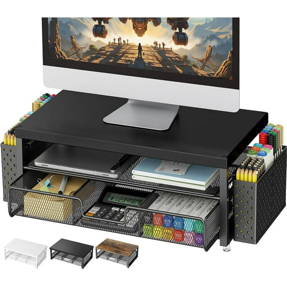 Monitor Stand Riser, Office Desk Shelf Organizer, Desk Organizer with Drawer and Pen Holder, 2-Tier Computer Stand, Office Organization (Wood)