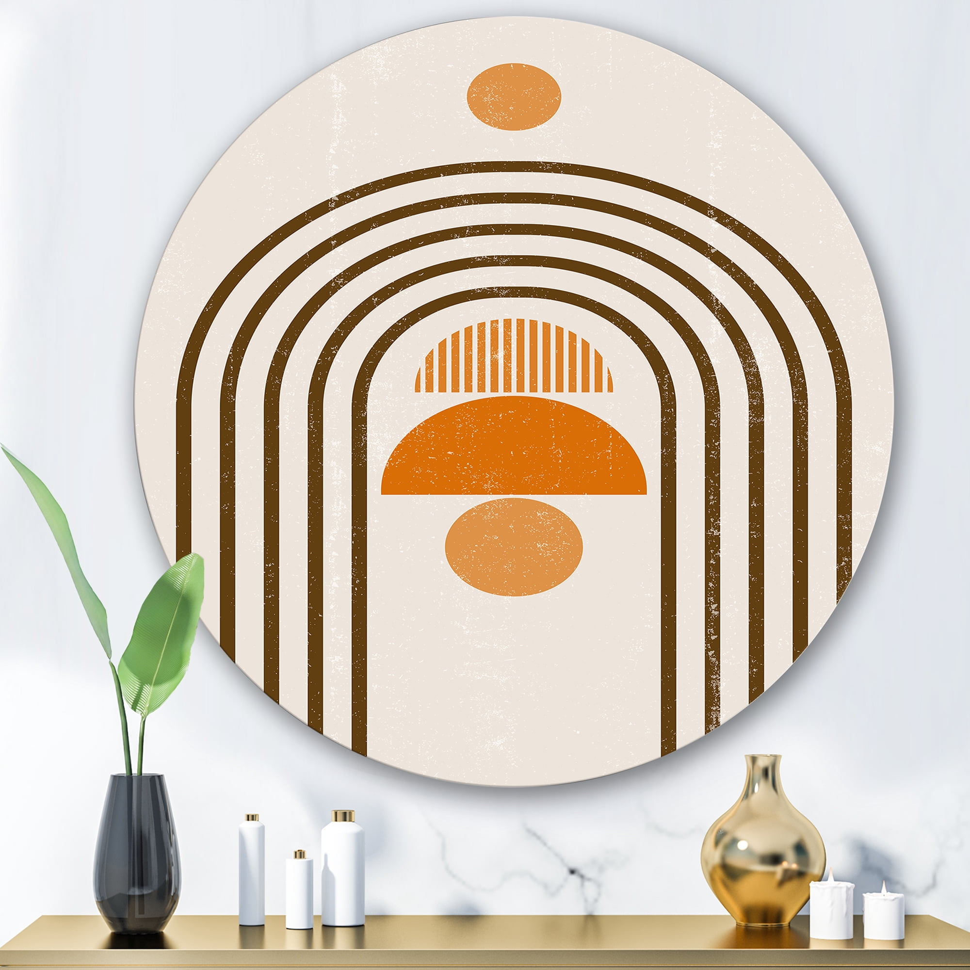 Designart 'Abstract Rainbow Moon and Sun In Earth Tones IV' Modern Circle Metal Wall Art 29x29 - Disc of 29