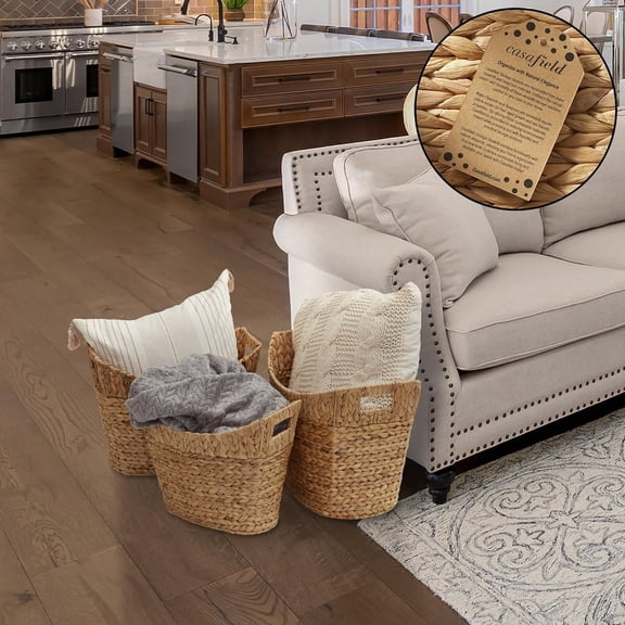 Set of 3 Stackable Oval Laundry Baskets with Handles - Natural, Woven Water Hyacinth Storage Totes for Throw Blankets, Bathroom, Bedroom, Living Room