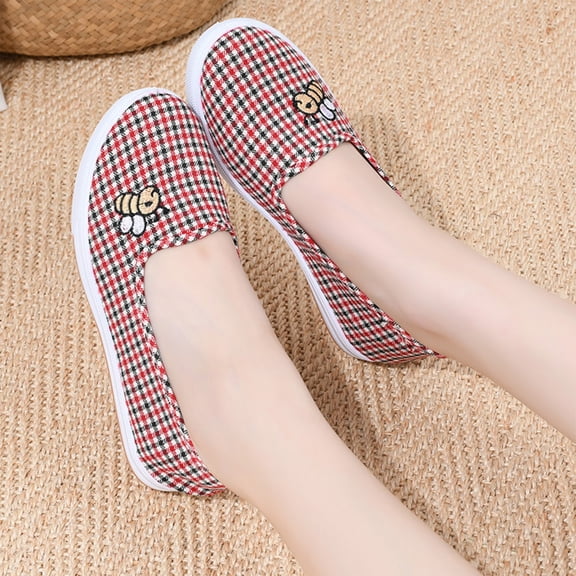 Willtoo Women Slip‑On Plaid Canvas Flats Cute Bee‑Embroidered Comfort Casual Walking Shoes Lightweight Non‑Slip Soft‑Sole Loafers