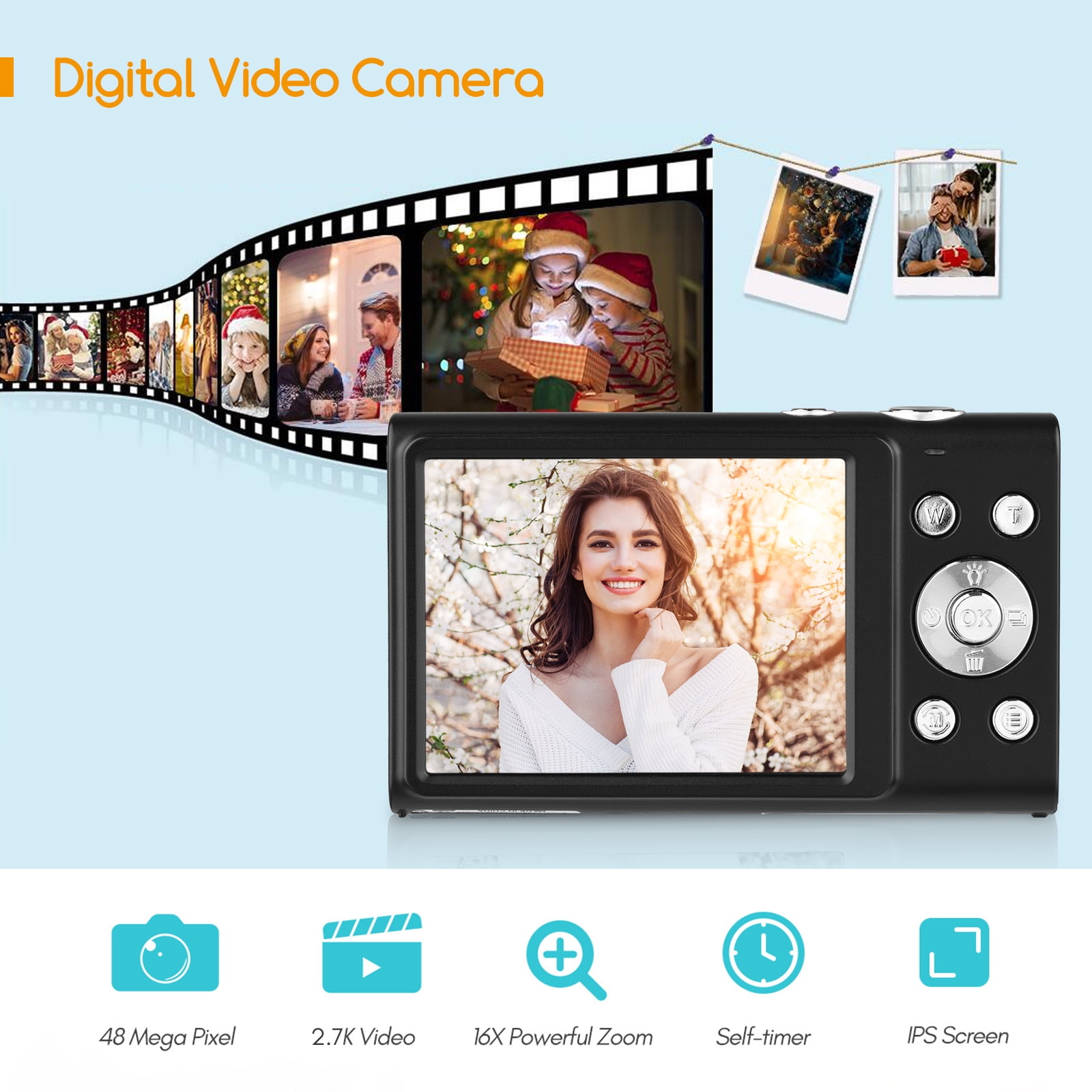 Andoer 2.7K Digital Camera Compact Video Camcorder 48MP Auto Focus 2.88 Inch IPS Screen 16X Zoom -shake Face Detact Smile Capture Built-in LED Fill Light with Carry Bag Wrist Strap 2pcs Batt