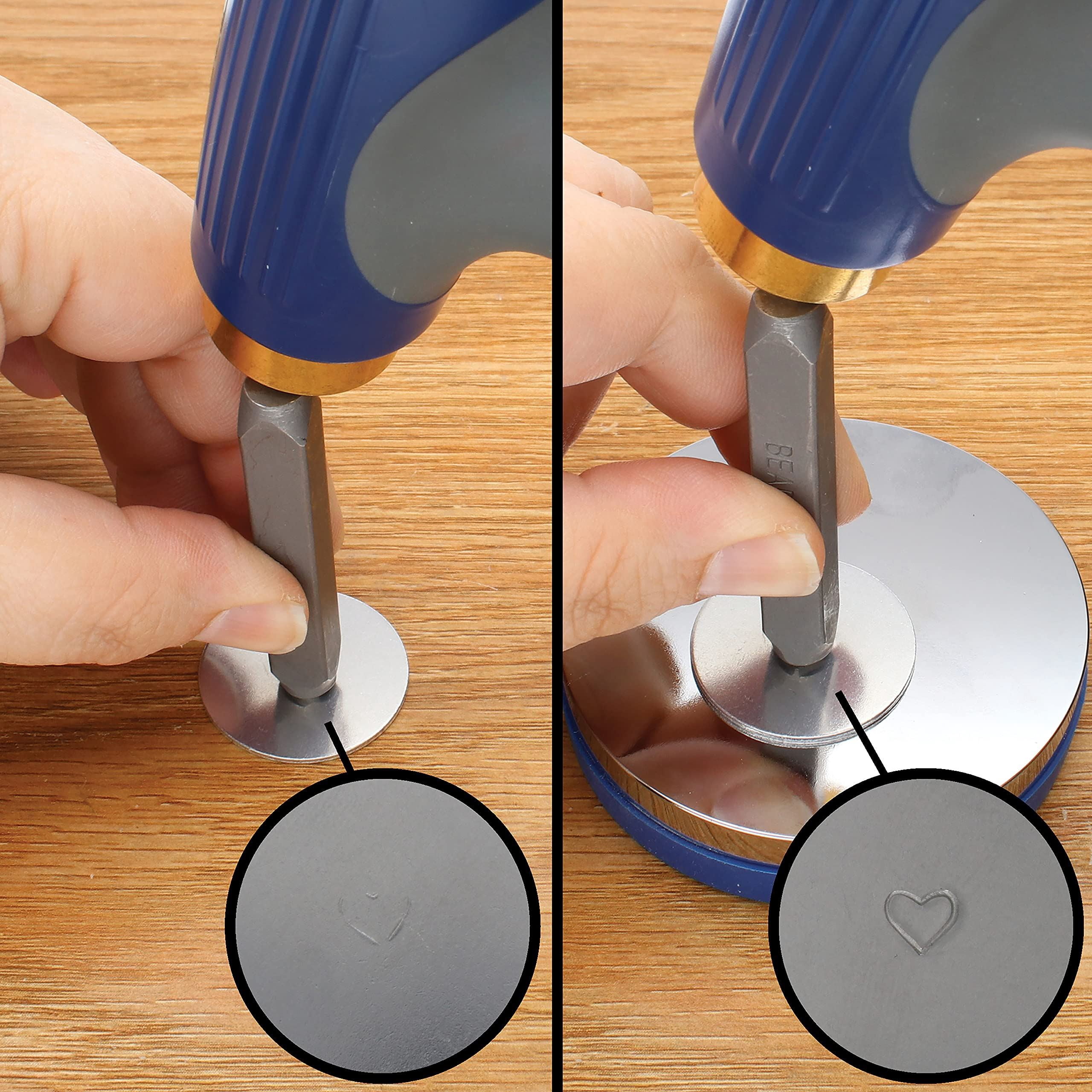 The Beadsmith Stamping Tools Combo – Metal Elements – Patent Protected EZ Strike Hammer with Interchangeable Heads & Ergonomic Handle – Steel Bench Block with Soft Plastic Base to Alleviate Rebound