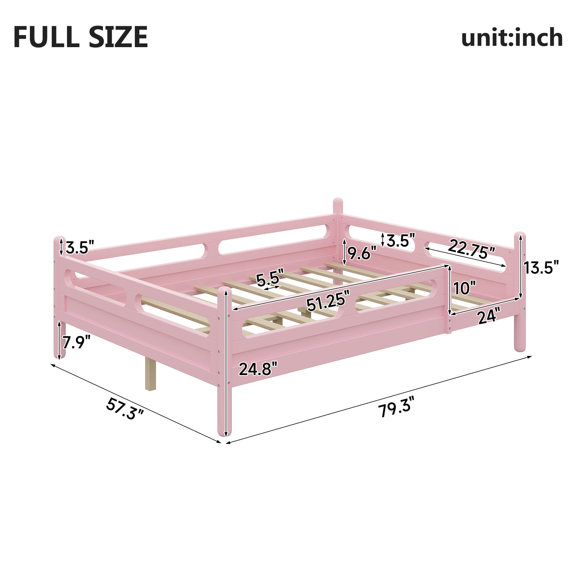 Euroco Wood Full Size Platform Bed, Low Profile Bed with Guardrails and Slats Support, Pink
