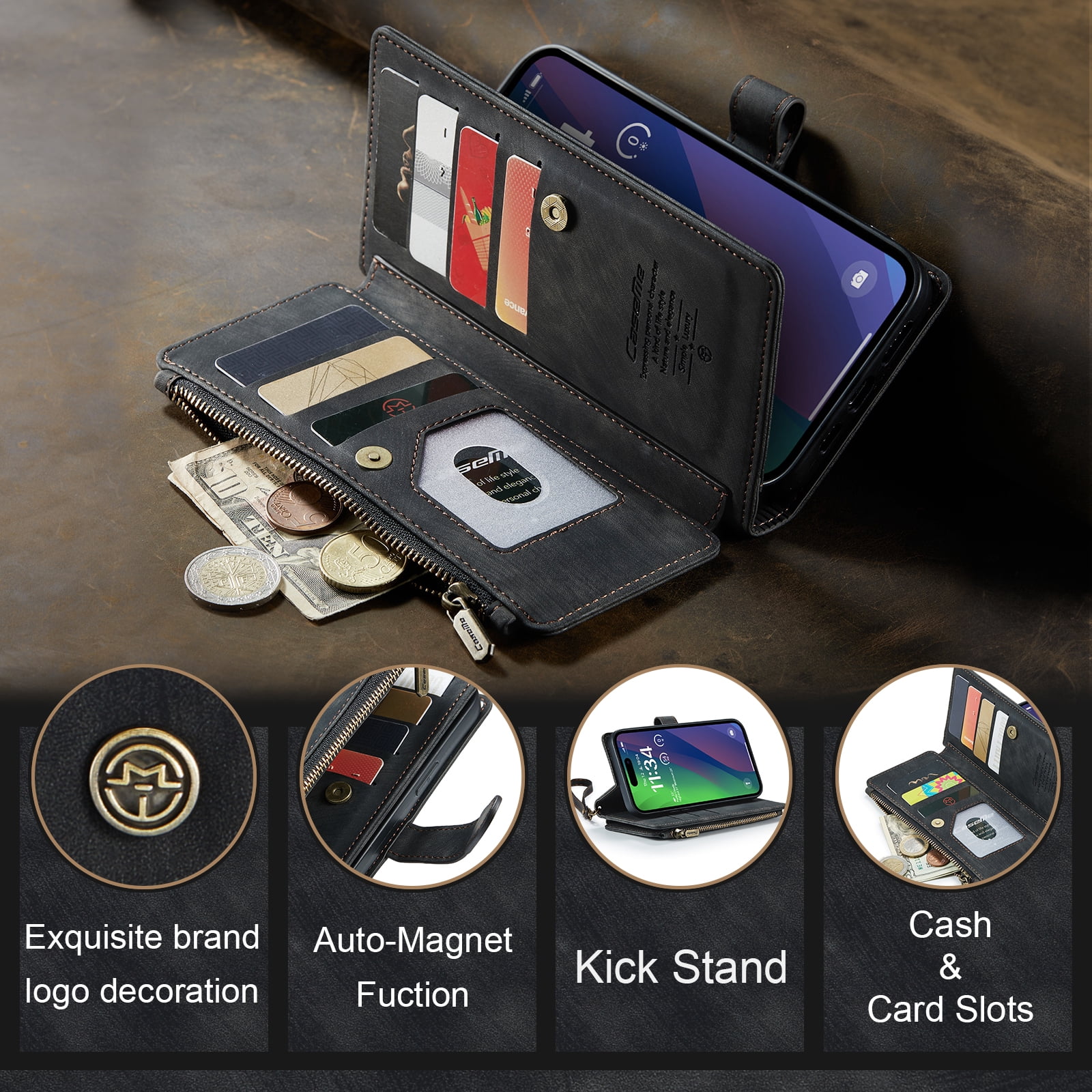 Dteck for iPhone 15 Plus Case with Card Holder, Premium iPhone 15 Plus Wallet Case for Women Men, Heavy Duty Durable PU Leather With Flip Zipper Pocket Phone Case w/ Wrist Strap Lanyard,Black