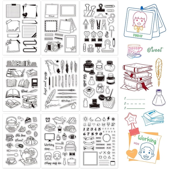 9 Sheets Silicone Clear Stamps Seal for Card Making Decoration and DIY Scrapbooking(Calendar Planner Clip Book Pen Ink Daily Life Sweet Tea Time)
