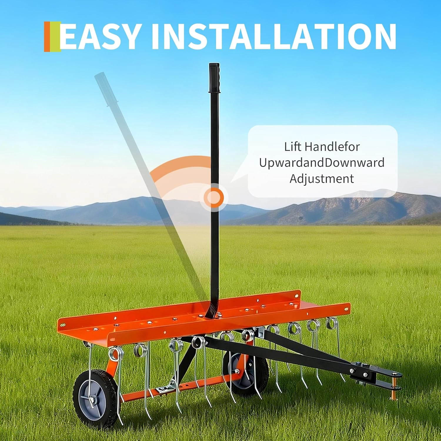 Acekid 40-Inch Tow Behind Lawn Rake, Dethatcher with 20 Spring Steel Tines, Lawn Sweeper with Lift Handle, Orange
