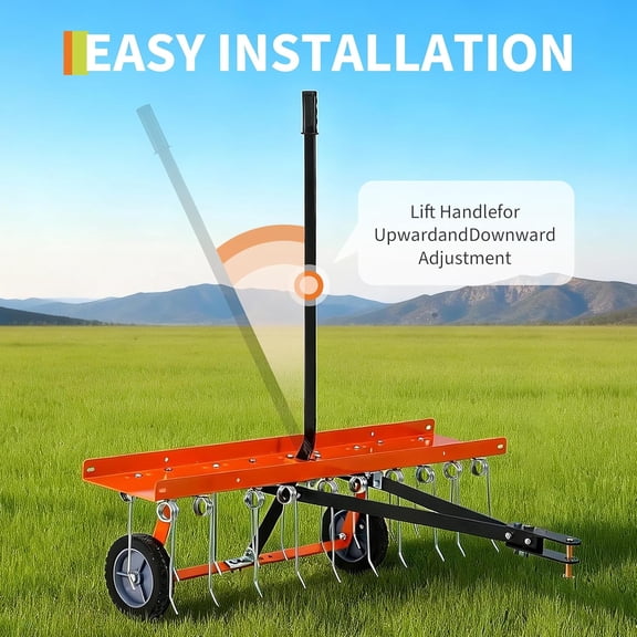 Historyli 40-Inch Tow Behind Lawn Rake, Dethatcher with 20 Spring Steel Tines & Lift Handle, Orange