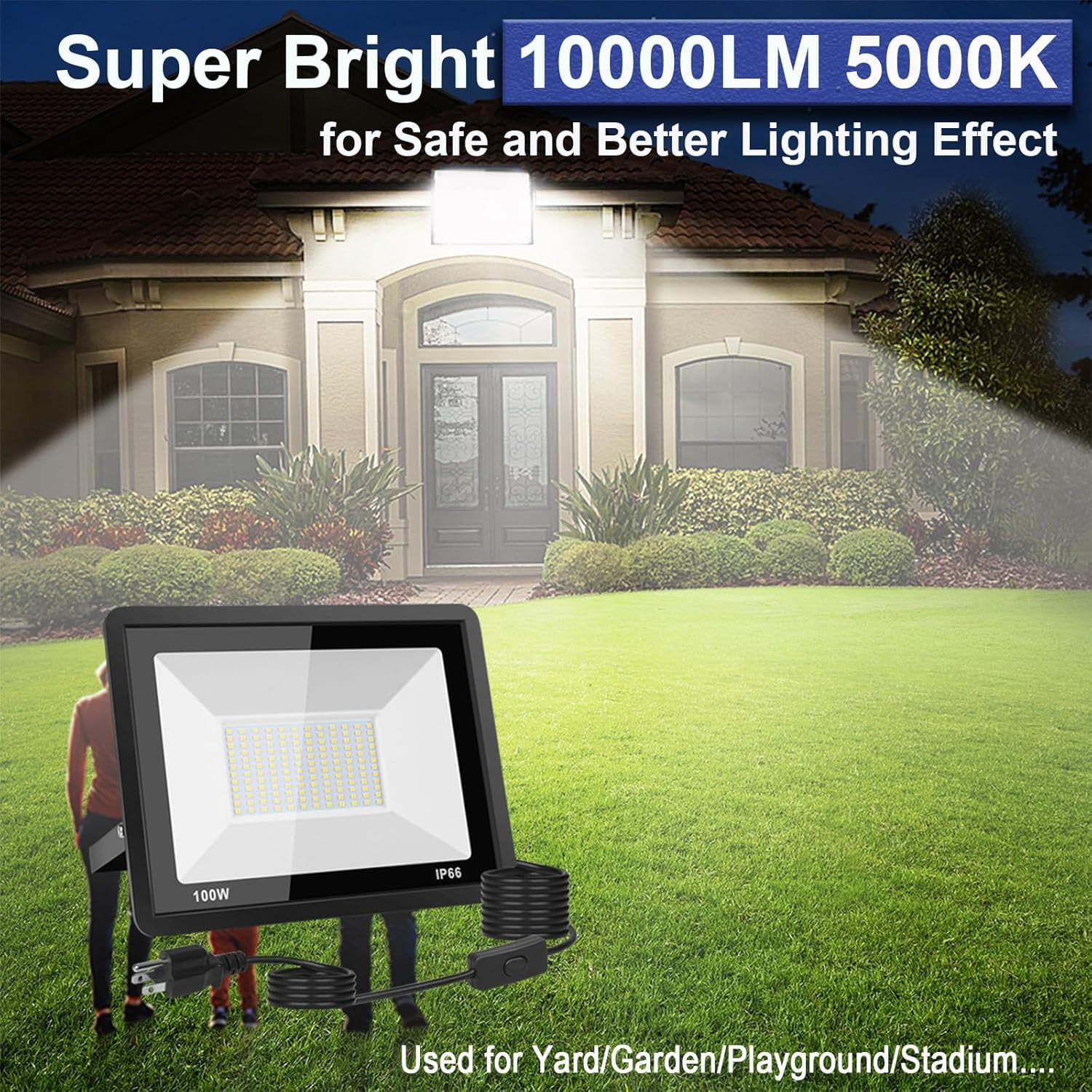 100W LED Flood Light Outdoor, 10000LM LED Work Light with Plug and Switch, IP66 Waterproof Exterior Security Lights, 5000K Daylight White Outdoor Floodlights for Yard, Garden, Playground, Stadium.