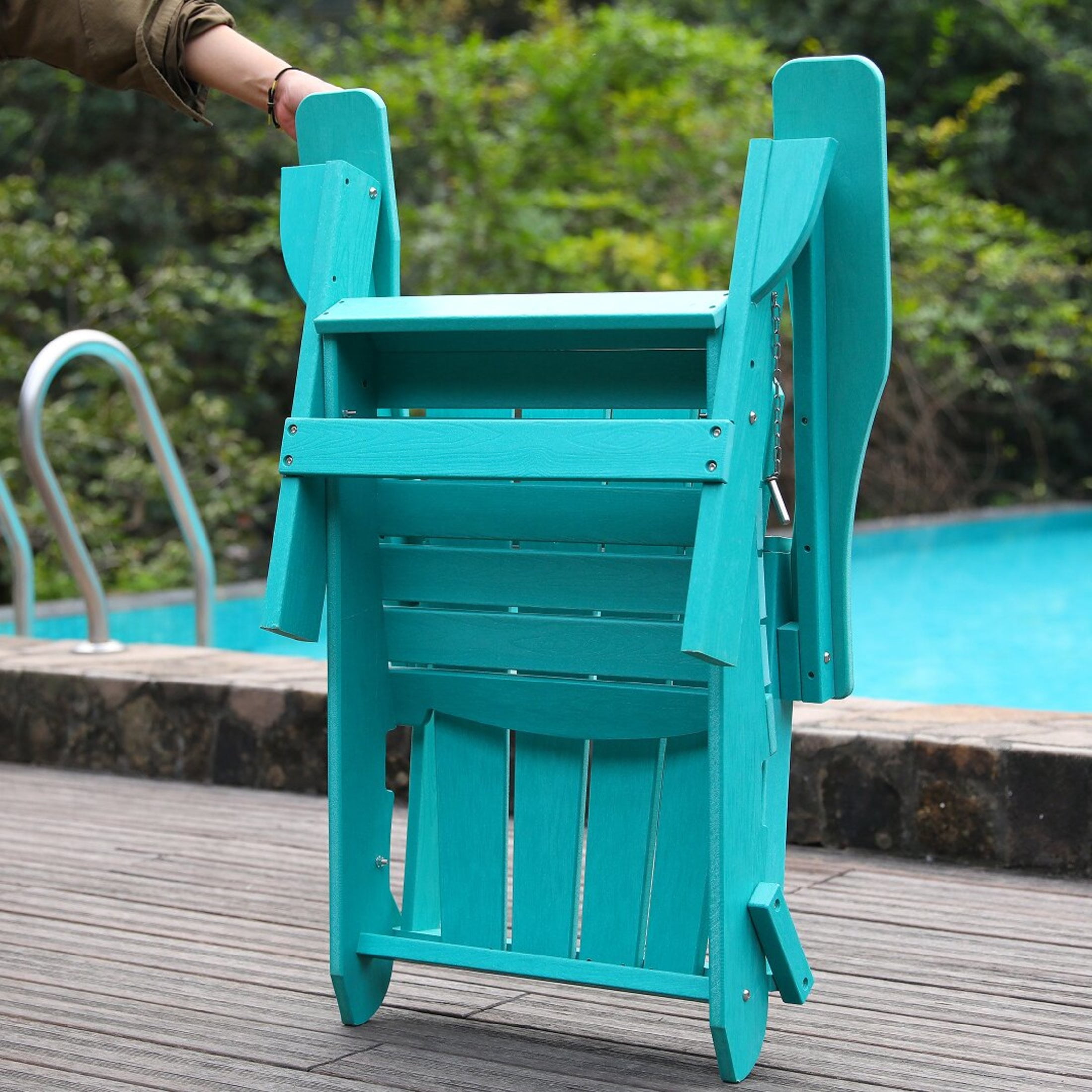 Noble House Folding Outdoor Adirondack Chair with Dual Cup Holders, All-Weather Patio Chair for Backyard, Lake Blue