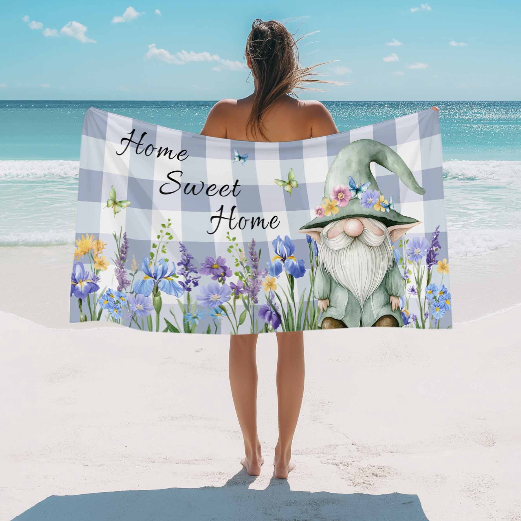 Home Sweet Home Gnome Beach Towels Blanket Soft&Absorbent Quick Dry Microfiber Purple Floral Plaid Pool Towels for Swimming ,Yoga, Sports, Gym, Camping,Large 30X60in,