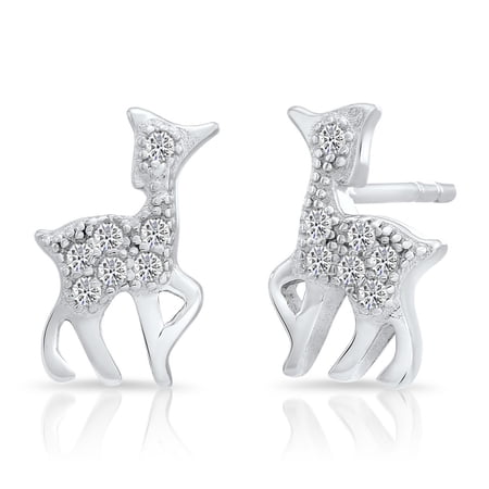 Tilo Jewelry 925 Sterling Silver White-Tone Deer Stud Post Earrings with Cubic Zirconia CZ Stones for Women & Unisex