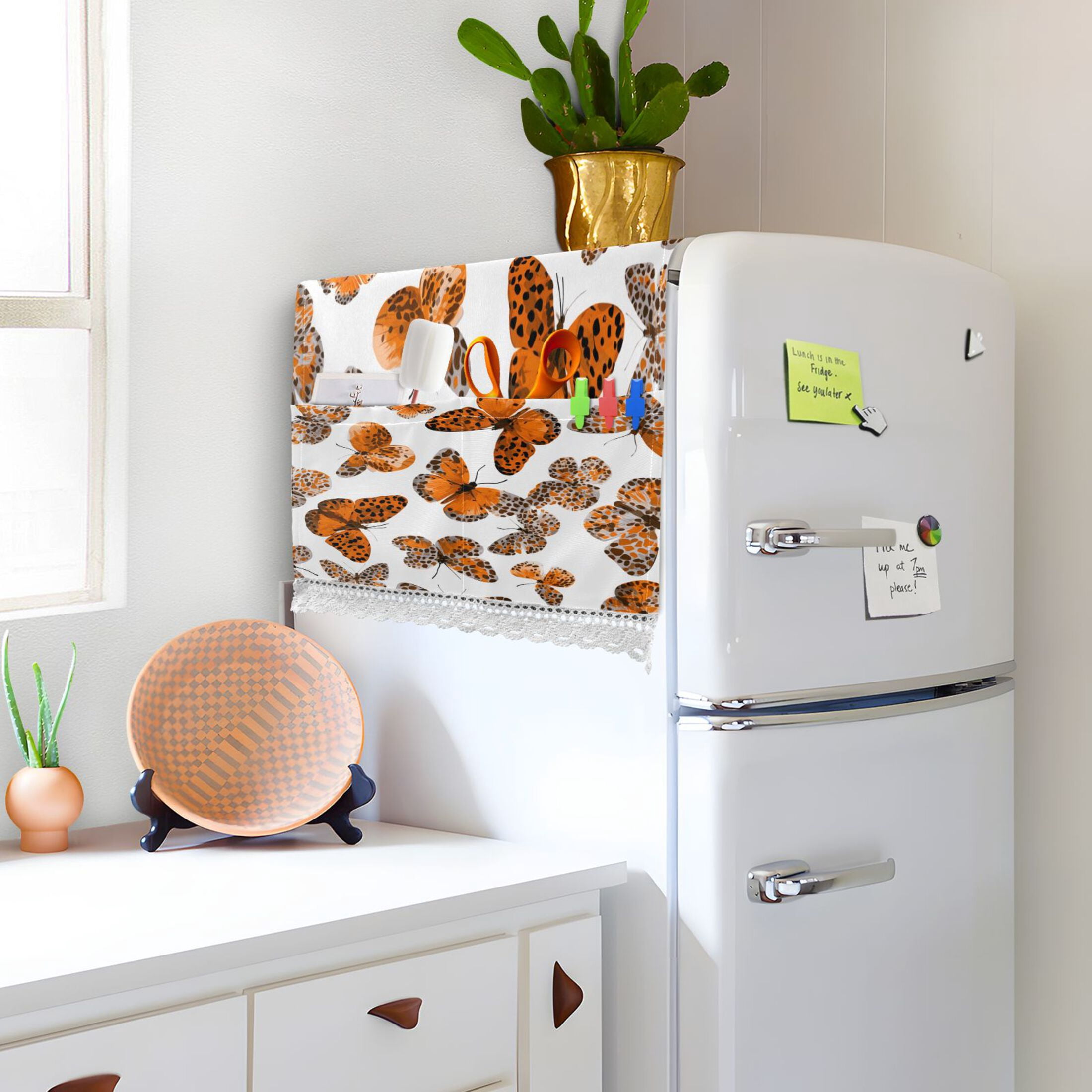 Washing Machine Cover 51.2x22in, Durable Polyester Dust Cover with Lace Trim and Side Pocket for Appliances Spotted Butterfly