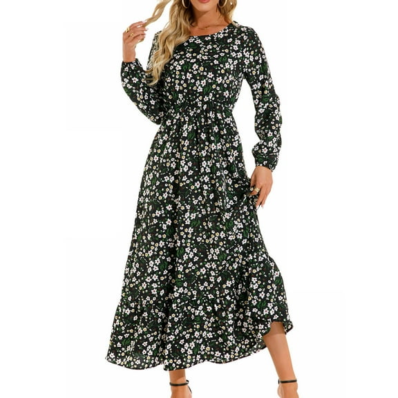 Hyknon Fall Dresses for Women 2025 Fashion Boho Floral Printed Round Neck Long Sleeve Maxi Dresses A-line Loose Fit Elastic Waist Swing Dresses