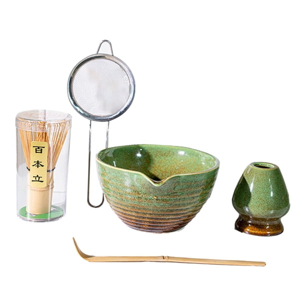 5pcs Matcha set Japones Japanese Matcha Kit Utensils Gift, Bowl tradicional, hecho a mano, con con soporte para batir Verde