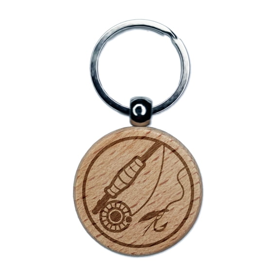 Fly Fishing Rod Reel and Lure Bait Round Keychain Charm Tag - Engraved Wood