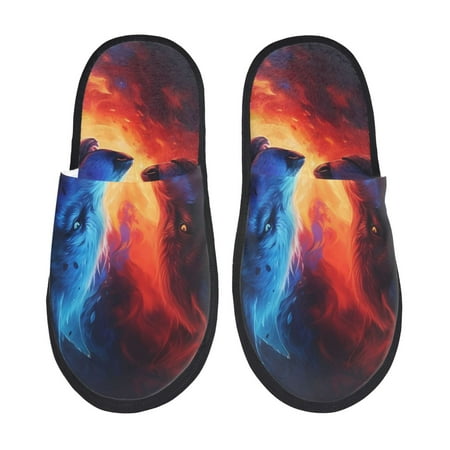 Balery Red And Blue Fire Wolf Slient Indoor Furry Fleece Comfort House Shoes Soft Non-Slip Home Shoes Cotton slippers House Slippers-- Medium