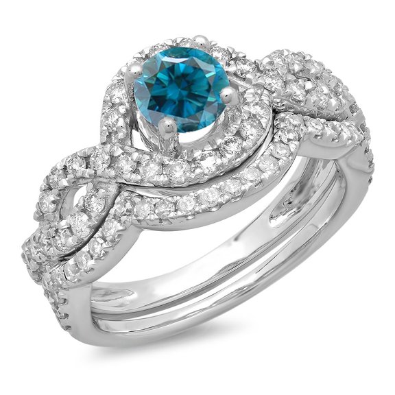 Dazzlingrock Collection 1.75 Carat (ctw) 14K White & Blue Diamond Swirl Halo Engagement Ring Set 1 3/4 CT, White Gold, Size 8.5