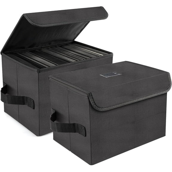 7-inch Vinyl Record Storage Box, Nylon Foldable and Stackable Set of 2 Vinyl LP Storage Organizer Case with Lid and Handle Can Hold 120 Single Record (7-inch)
