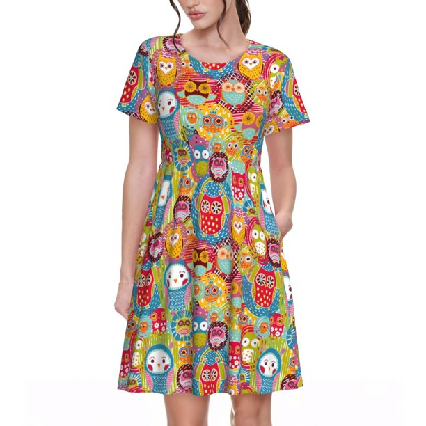 Easygdp Boho Cute Owls para Vestido Transpirable de Mujer, Vestido Suelto de Manga Corta con Pliegues y Bolsillos para el Verano