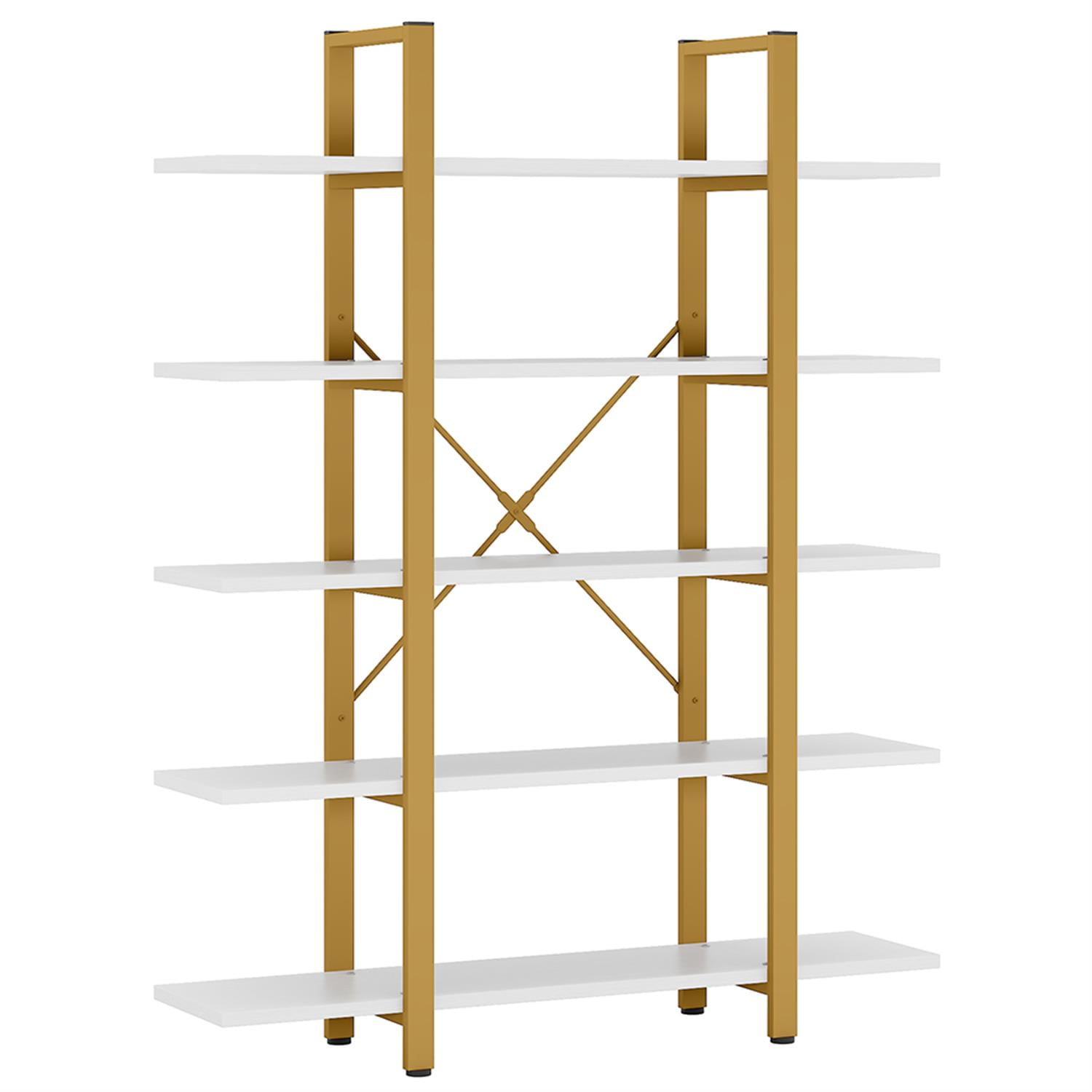 Demi Bonn 5 Tier Bookshelf, Bookshelves, Open Etagere Bookcase Shelf Storage Organizer, Free Standing Storage Shelving Unit for Bedroom, Living Room and Home Office, White & Gold