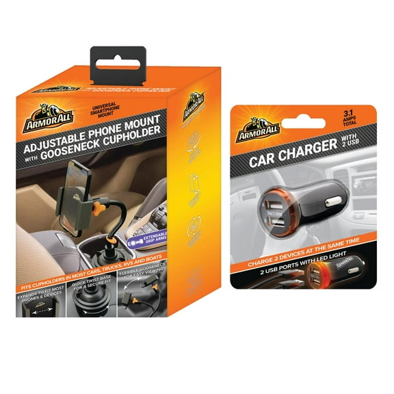 Armor All Car Cupholder Phone Mount Adjustable Gooseneck and Car Charger with 2 USB Ports Bundle