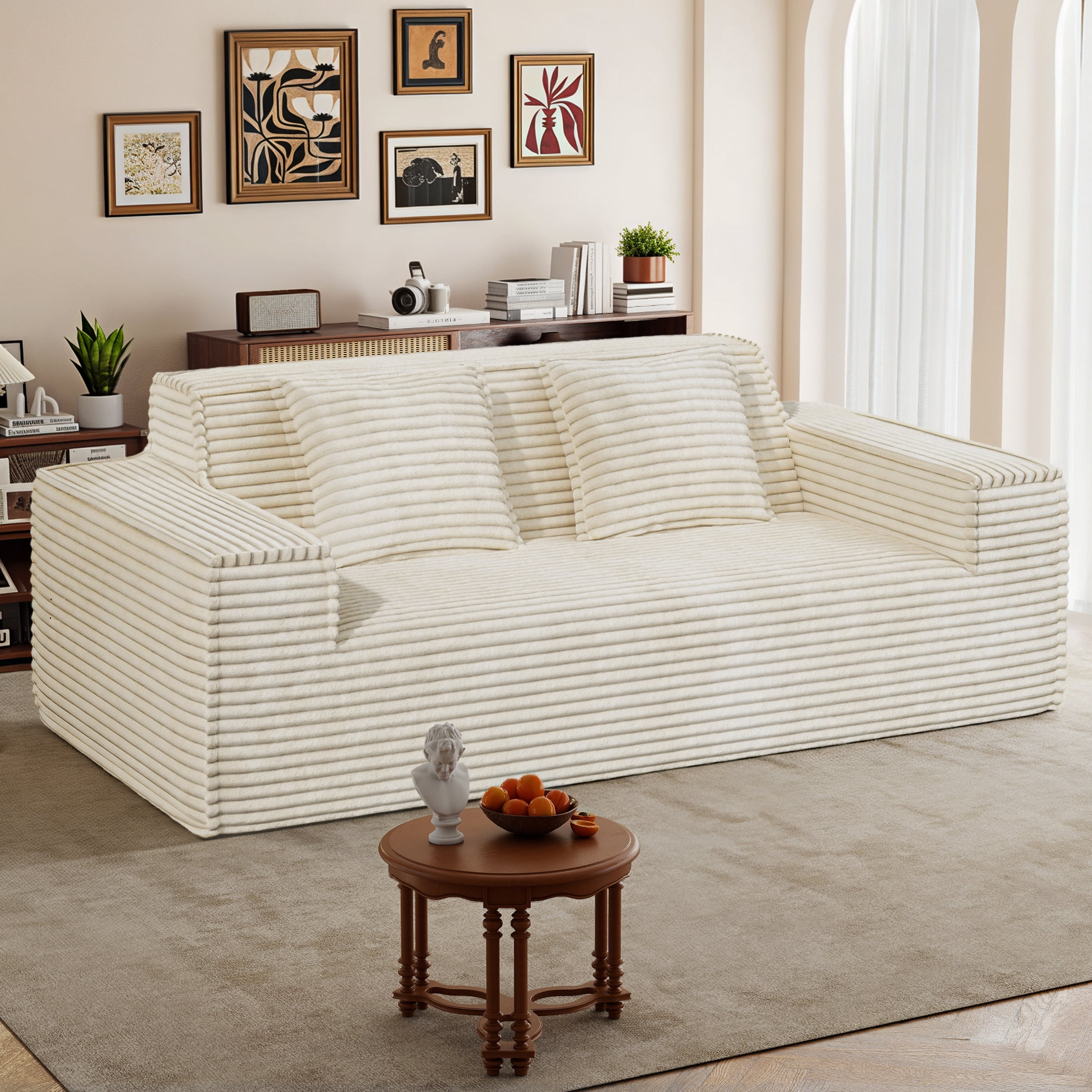 Hawsaiy 75" Corduroy Loveseat Sofa with Wide Armrests & Removable Pillows, No Assembly Foam Couch, Vacuum Packed, High-Density Support,Beige