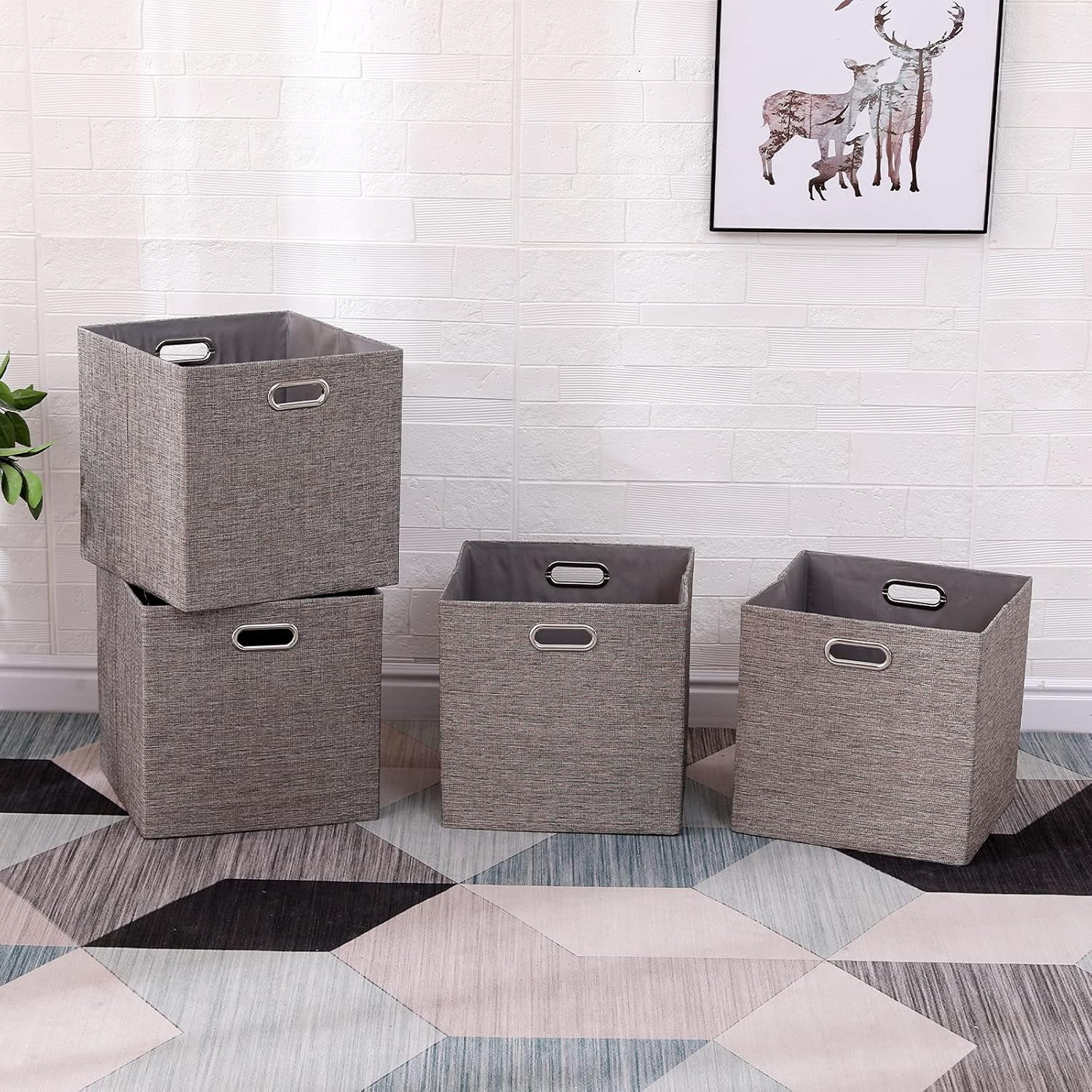 Cube Storage Bins 13×13 Linen Foldable Box with Handles, Collapsible Organization Basket Set of 4 Large Capacity Drawer for Closet Shelf Cabinet Bookcase Bedroom, Light Coffee