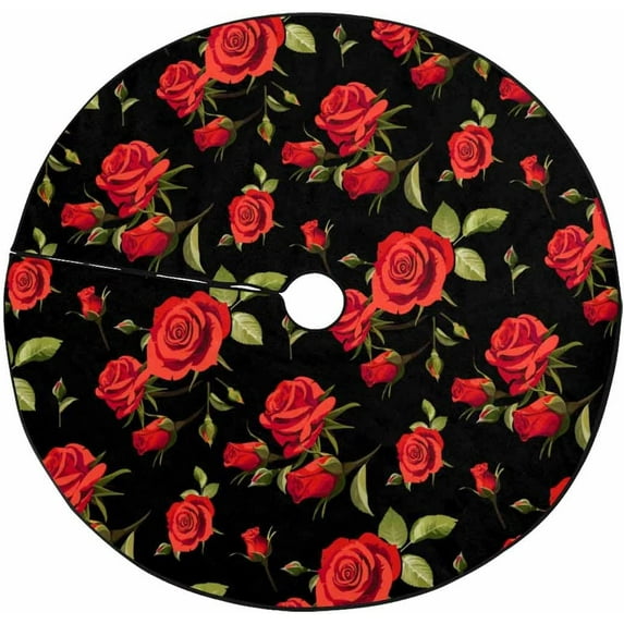 FMSHPON FloralRed Roses Xmas Christmas Tree Skirt Stand Mat for Holiday Party Decoration Indoor Outdoor 48 inches