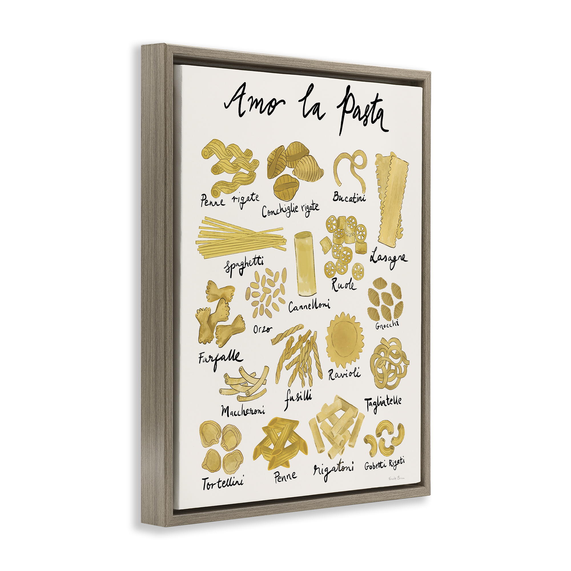 Stupell Industries Amor La Pasta Chart Food & Beverage Painting Brown Floater Framed Art Print Wall Art, 25 x 31