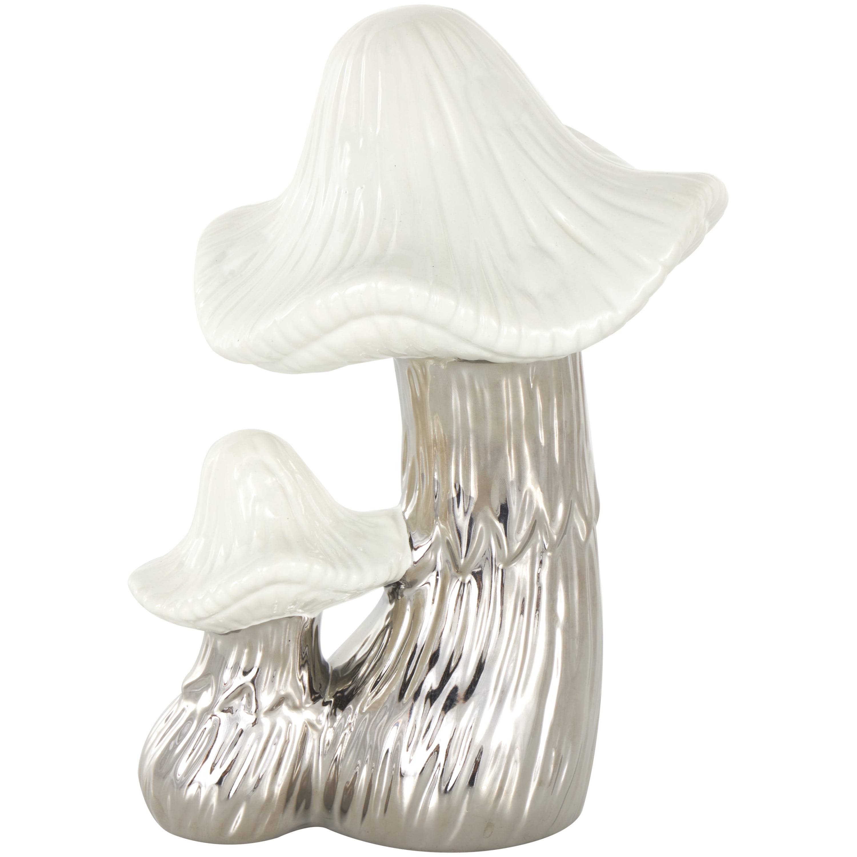 7" x 10" Silver Ceramic Mushroom Sculpture with White Tops and Textured Grooves, by DecMode
