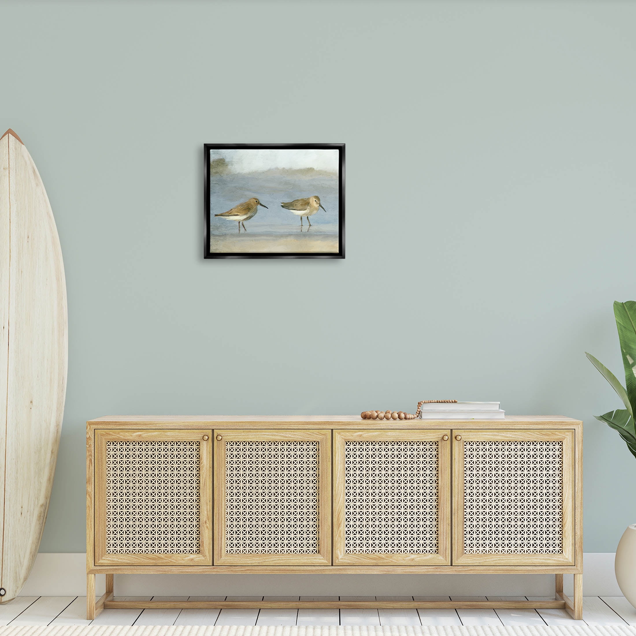 Stupell Industries Two Sandpipers Stepping Beach Shore Painting Jet Black Floating Framed Canvas Print Wall Art, Design by Kim Allen