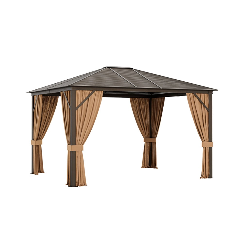 Aimee Lii 12 x10 Feet Outdoor Hardtop Gazebo with Galvanized Steel Top and Netting, Backyard Canopy Gazebo for Party Wedding BBQ Events, Brown