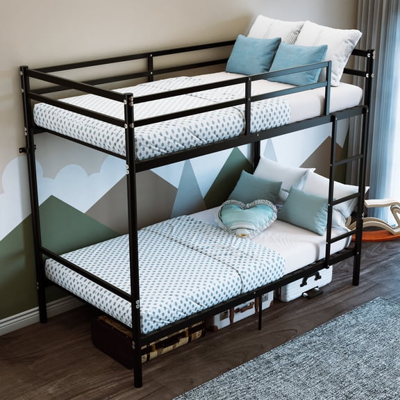 Metal Bunk Bed Twin Over Twin, 14.29" Guardrails & 400 lbs Capacity Per Bunk, Sturdy Iron Frame, Black