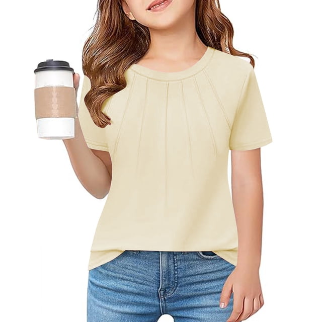 LWFFDAW T-Shirts pour Filles, Manches Courtes, Col Rond, Été, Décontracté, Basique, Mode, Plissé