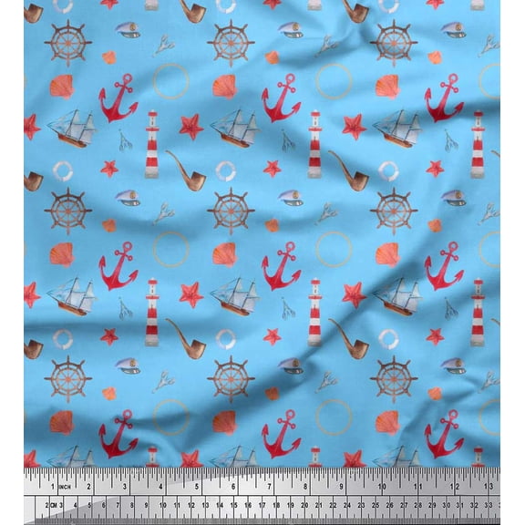Soimoi Blue Silk Fabric Ship Wheel,Anchor Hook & Yacht Nautical Decor Fabric Printed Yard 42 Inch Wide