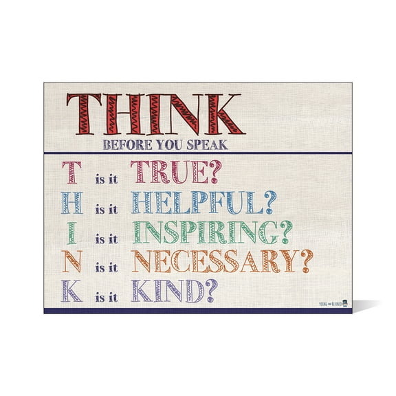 Think before you speak LAMINATED motivational chart LANDSCAPE burlap classrooms and educators poster