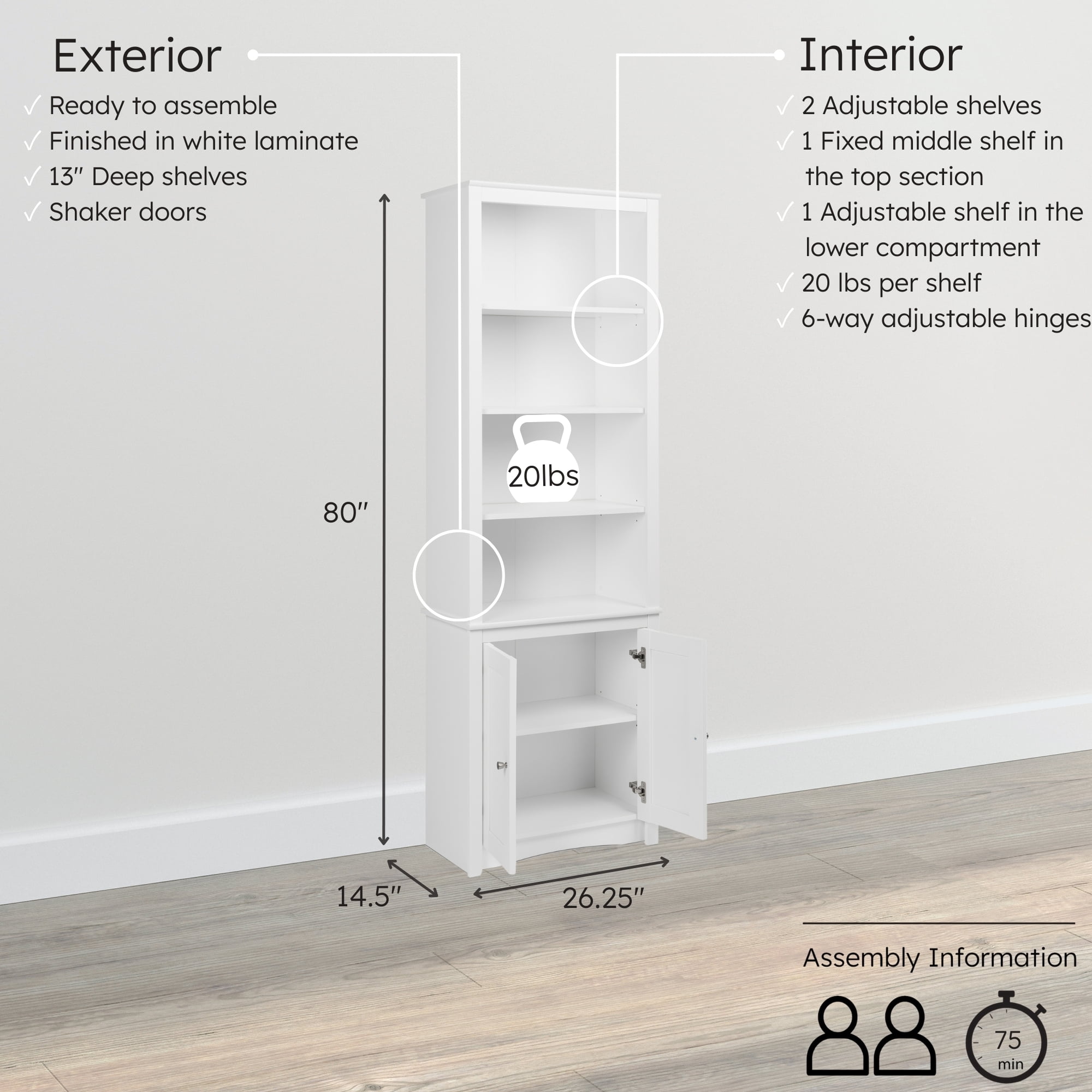 Prepac Tall Bookcase with 2 Shaker Doors, White India | Ubuy