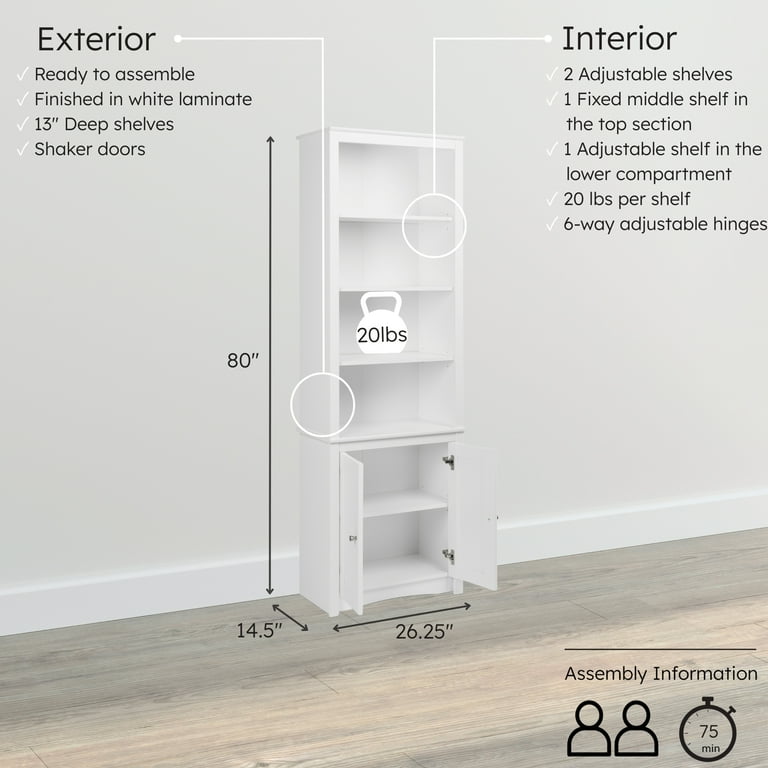 Prepac Tall Bookcase with 2 Shaker Doors, White - Walmart.com