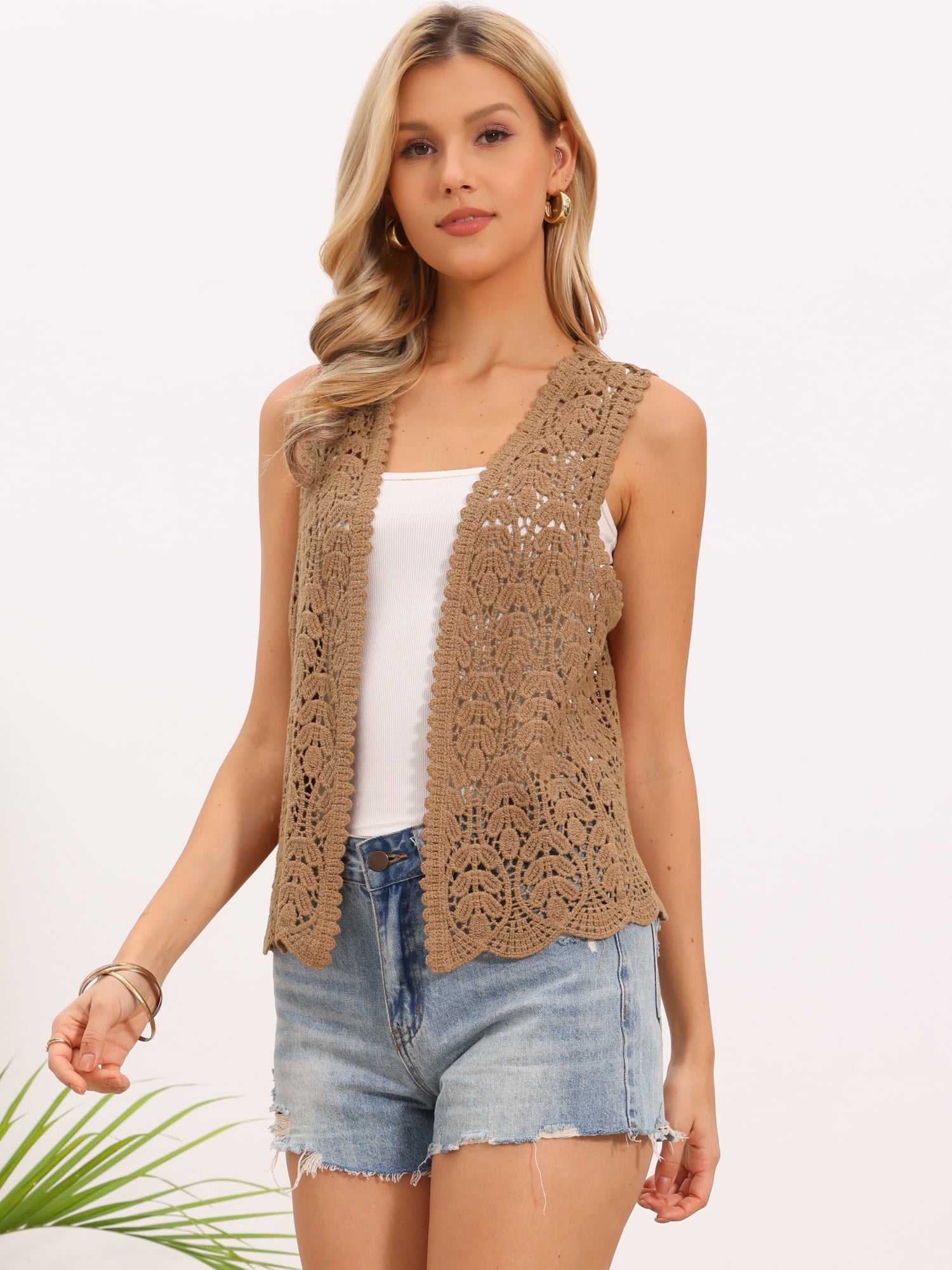 DARING DIVA Women's Floral Crochet Hollow Out Open Front Vest L Gold Brown