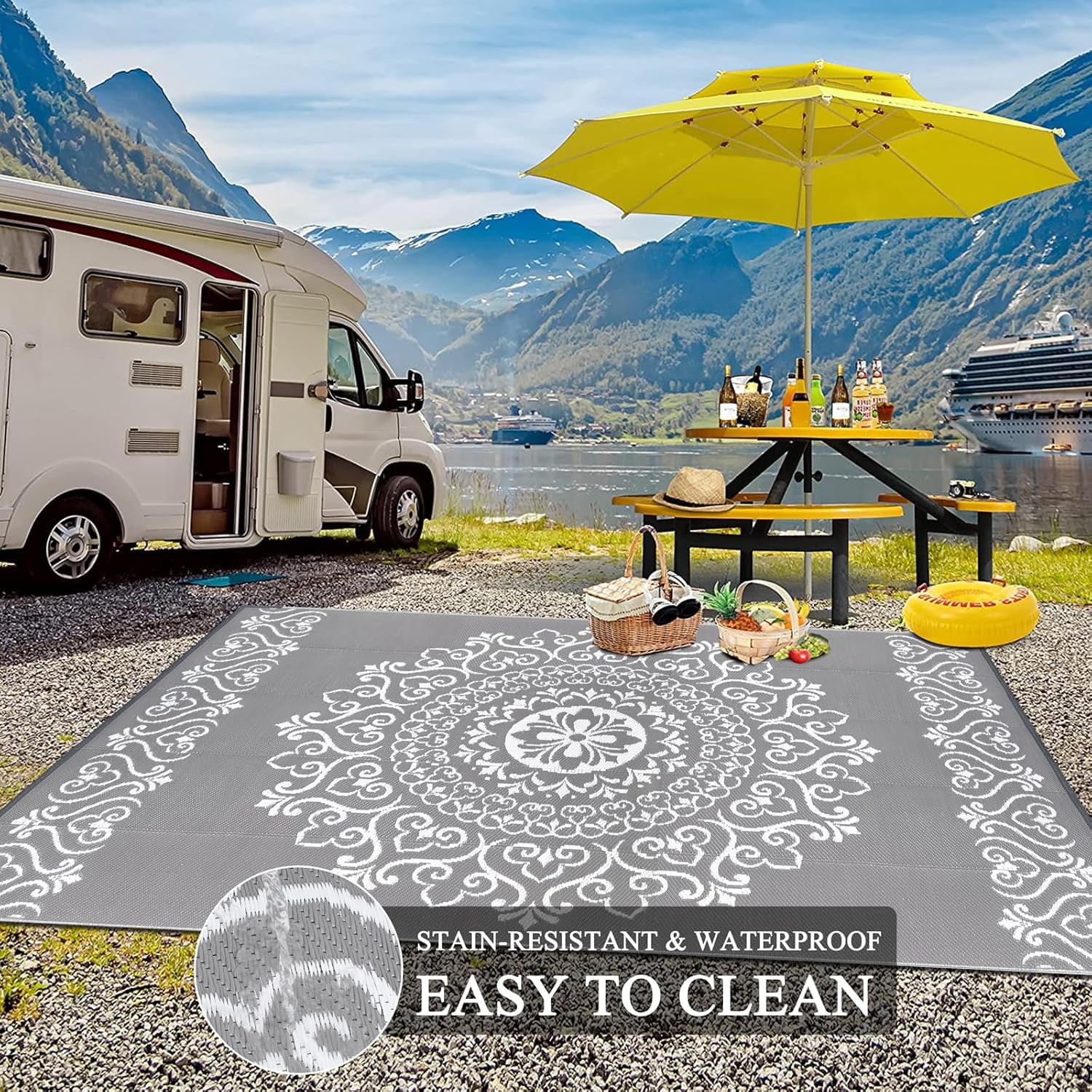 MJIAexp 6'x9' Gray Outdoor Rug Patio Rug Waterproof RV Outdoor Rug Camping Rugs Reversible Plastic Straw Rug Large Outdoor Mat for Camping, Balcony Apartment, Patio, Porch, Picnic, Beach
