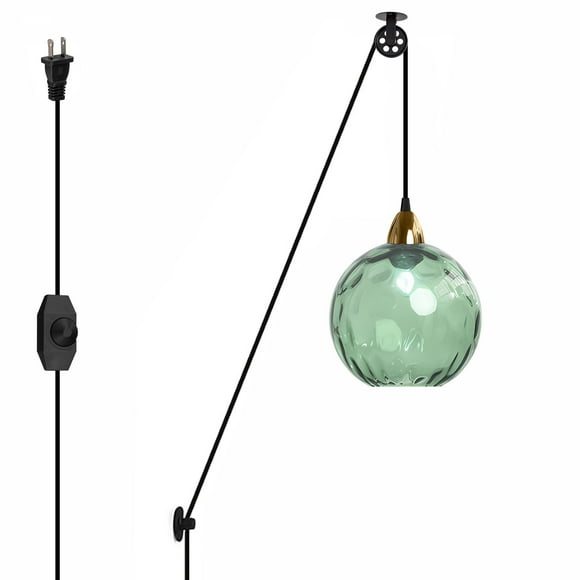 FSLiving No Wiring Needed Pendant Lighting Swag with Industrial Pulley Design, 15ft Plug-in Dimmer Cord with Wheel Ceiling Light Hallway, Green Hammered Glass Shade for Sloped and Vaulted Ceiling