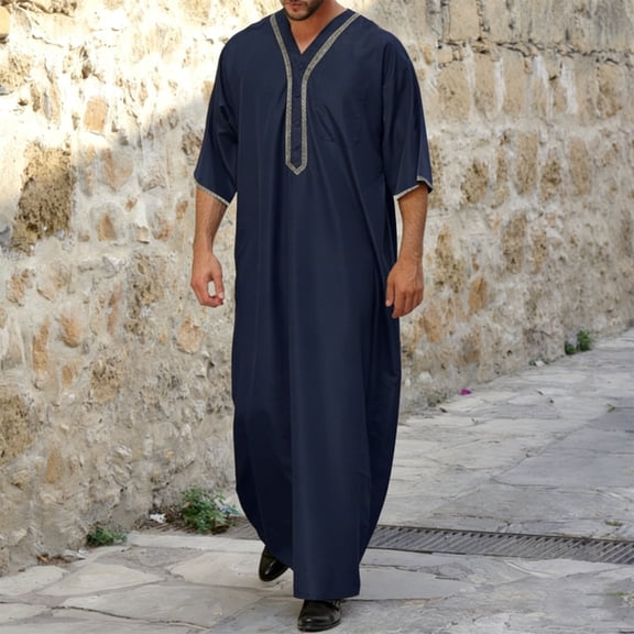 Mens Kaftan Thobe Casual Short Sleeve Mens Summer Robes V Neck Muslim Thobe for Men Navy Robe