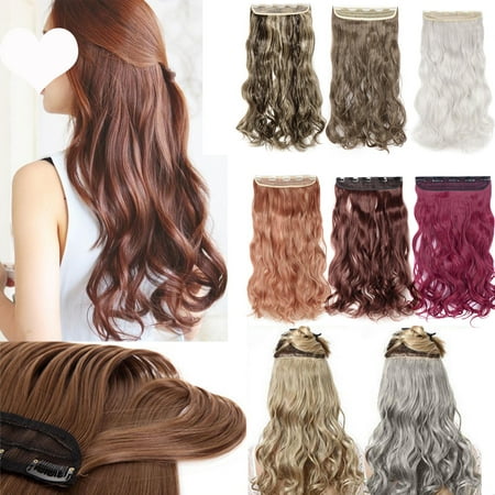 S-noilite Synthetic Fiber Clips in on Hair Extension 3/4 Full Head One Piece 5 Clips Long Silky Curly Wavy Medium brown mix ash