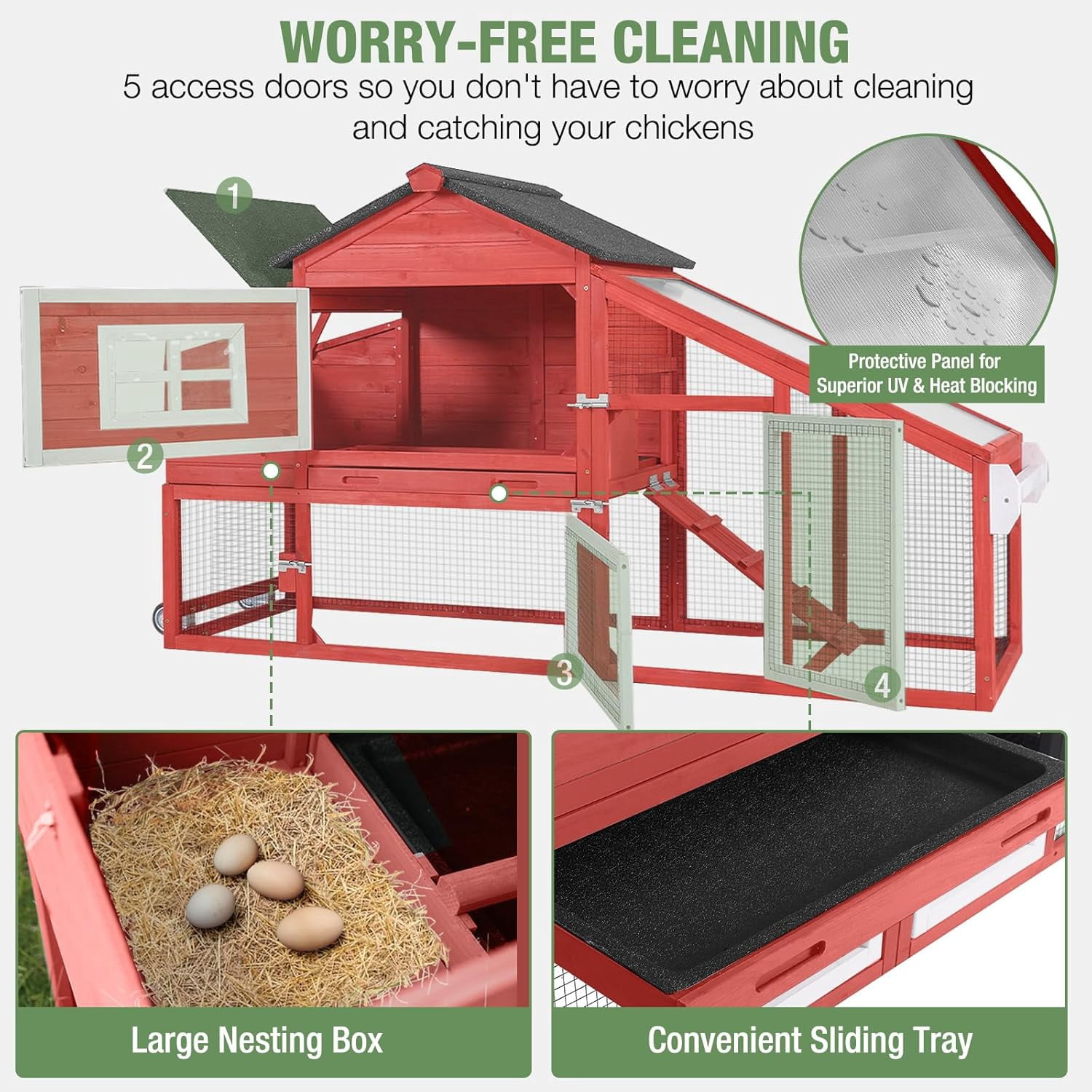 Aivituvin Chicken Coop for 2-4 Chickens with Wheels Outdoor Chicken House Mobile Large Poultry Cage Pull Out Tray No Leakage Red