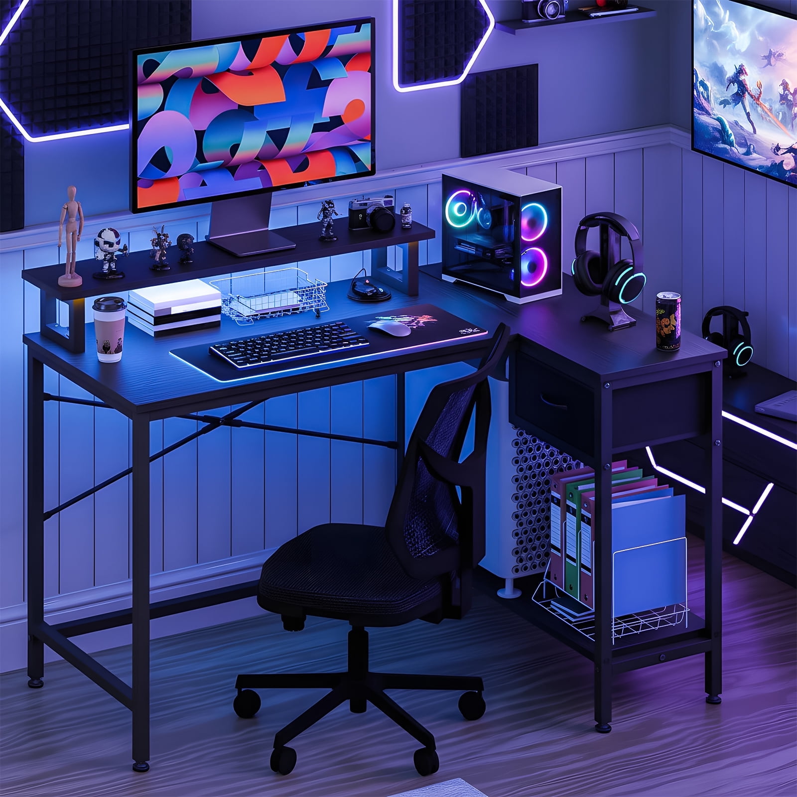 Fairy L Shaped Gaming Desk, 43in Computer Desk with Charging Port (Black)